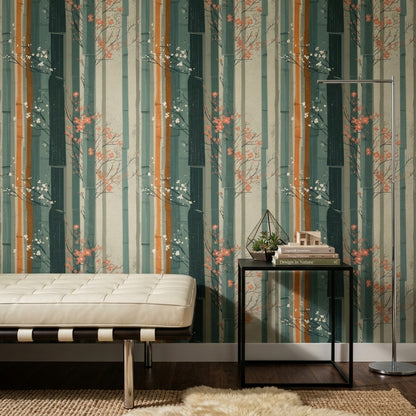 Bamboo Wallpaper Cherry Blossom Japanese Inspired Removable Wall Decor