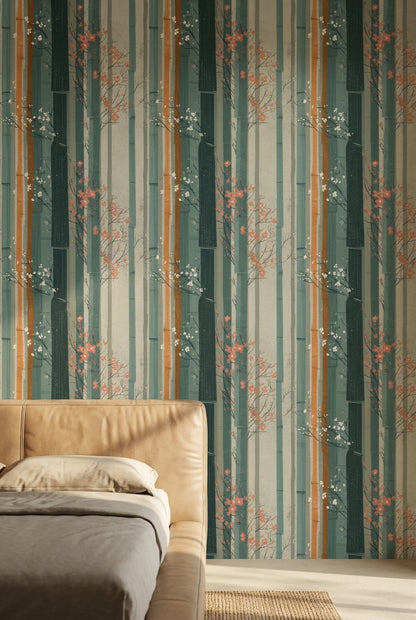 Bamboo Wallpaper Cherry Blossom Japanese Inspired Removable Wall Decor