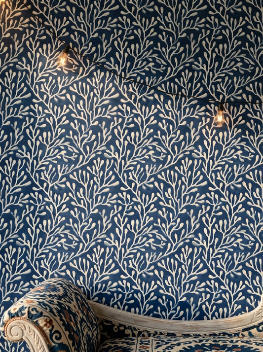 Coral Wallpaper Seaweed Removable Dark Navy Wall Double Roll