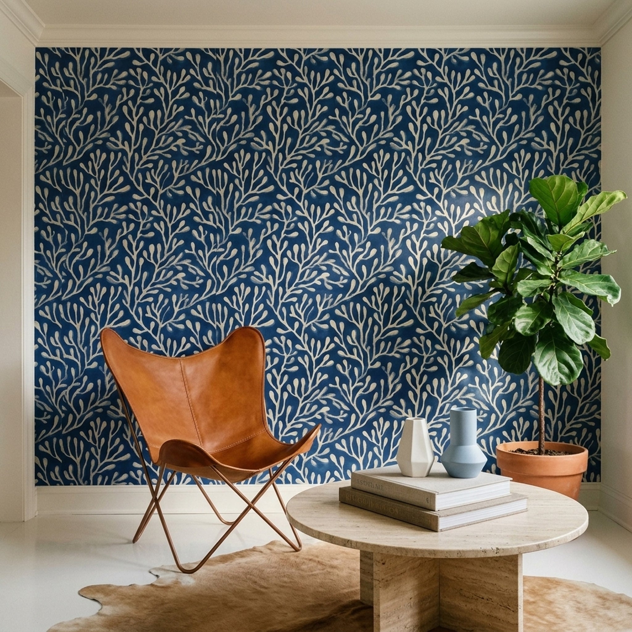 Coral Wallpaper Seaweed Removable Dark Navy Wall Double Roll