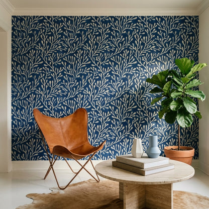 Coral Wallpaper Seaweed Removable Dark Navy Wall Double Roll