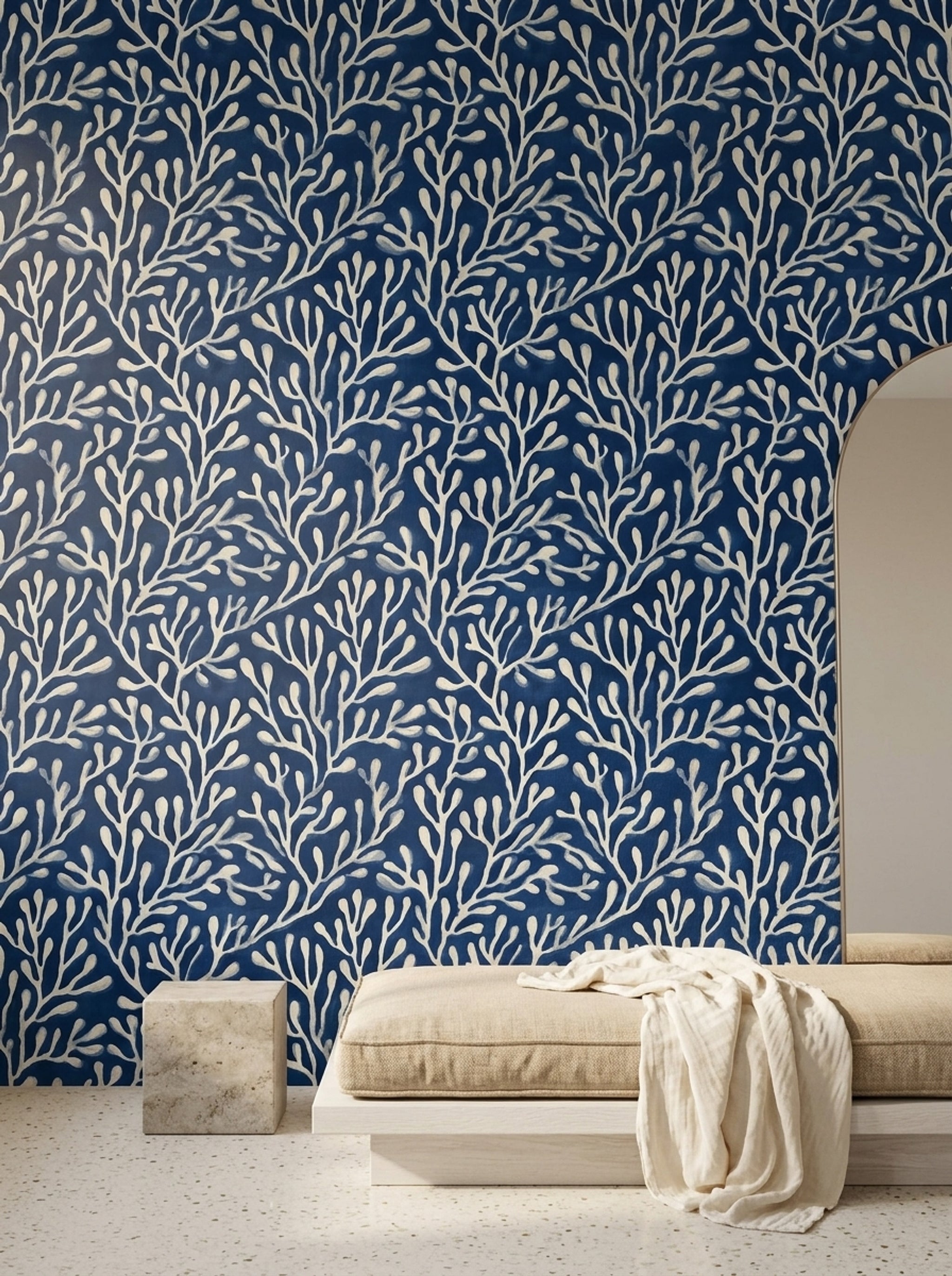 Coral Wallpaper Seaweed Removable Dark Navy Wall Double Roll