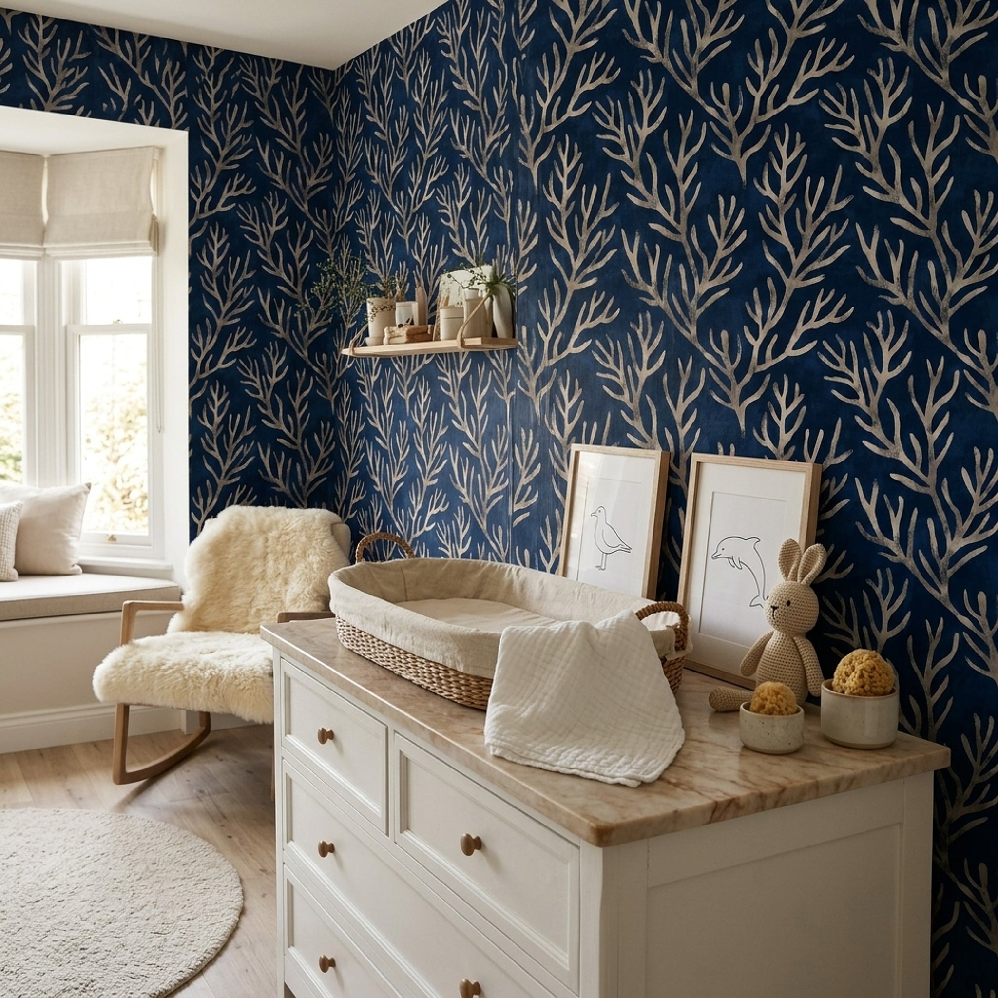 Coral Branches Wallpaper Dark Navy Coastal Removable Wall Decor