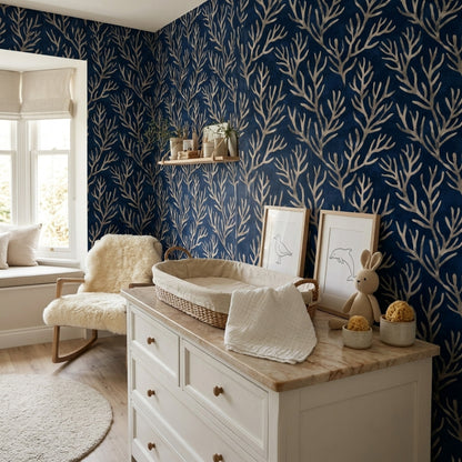 Coral Branches Wallpaper Dark Navy Coastal Removable Wall Decor