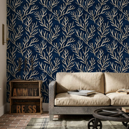 Coral Branches Wallpaper Dark Navy Coastal Removable Wall Decor