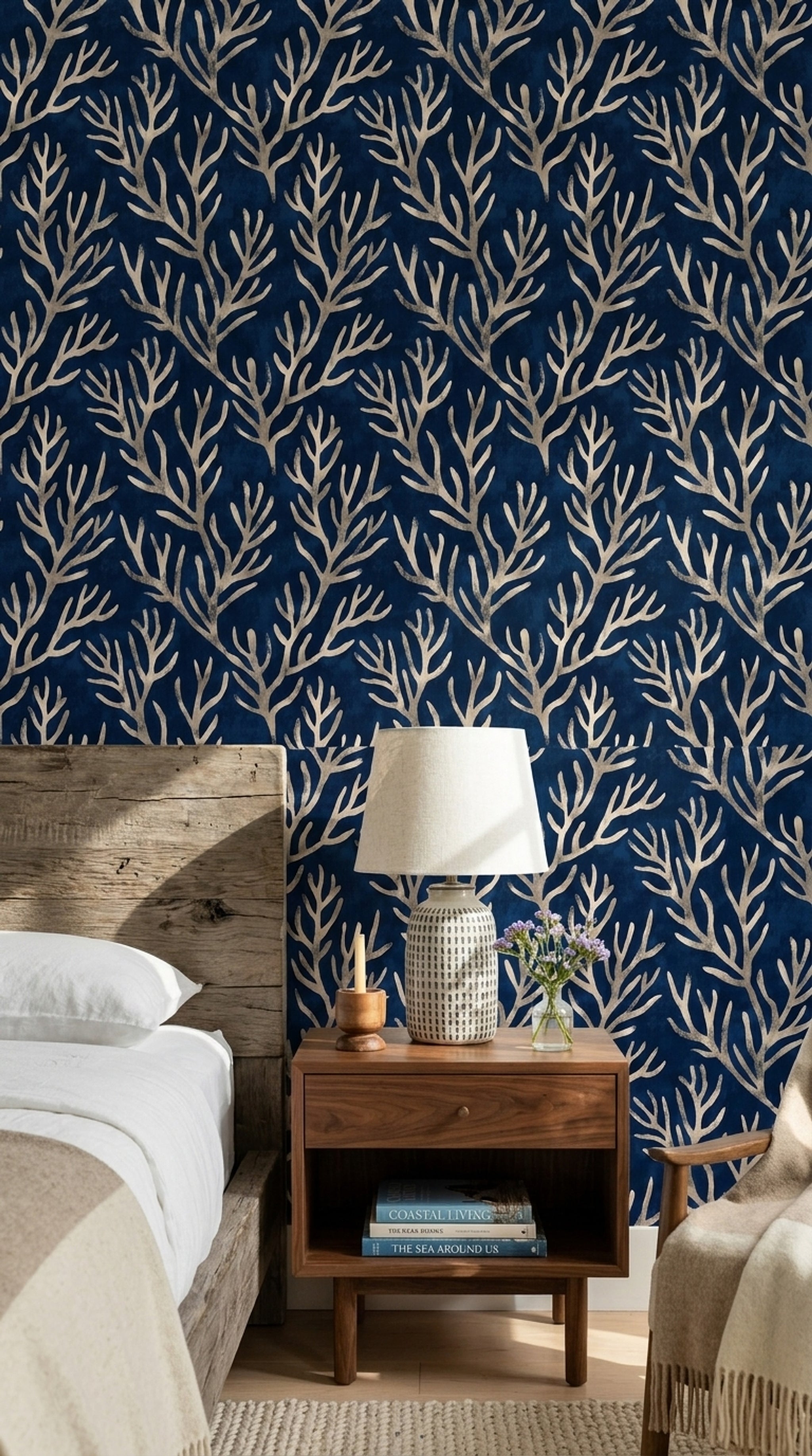 Coral Branches Wallpaper Dark Navy Coastal Removable Wall Decor