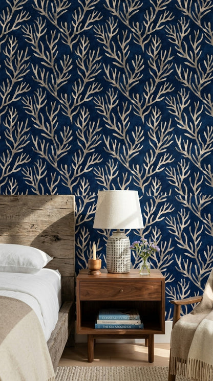 Coral Branches Wallpaper Dark Navy Coastal Removable Wall Decor