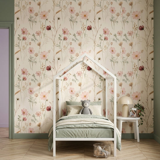Watercolor Floral Wallpaper Wildflower Meadow Cosmos Flowers Decorative Mural