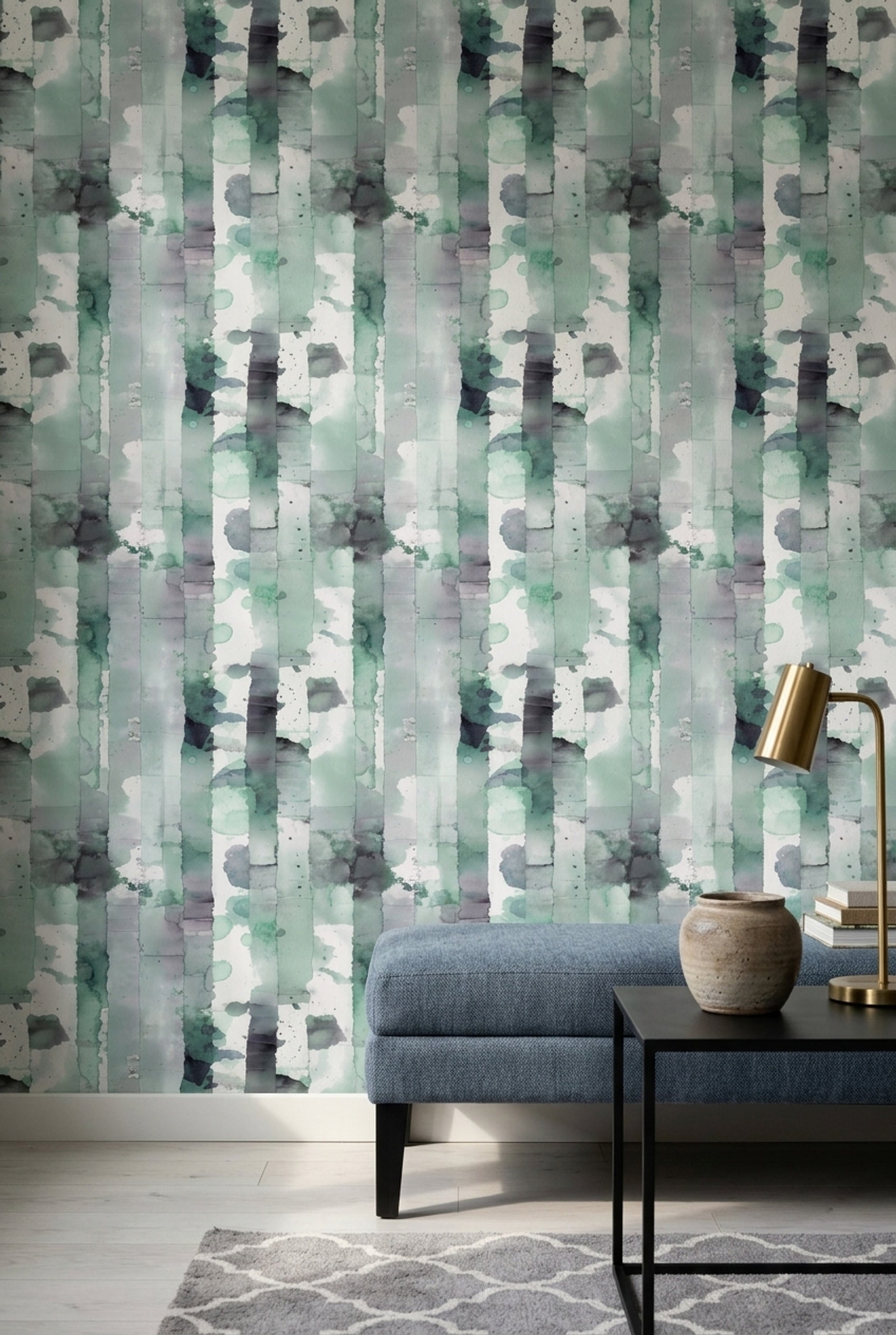 Watercolor Abstract Wallpaper Green Vertical Stripes Wall Mural