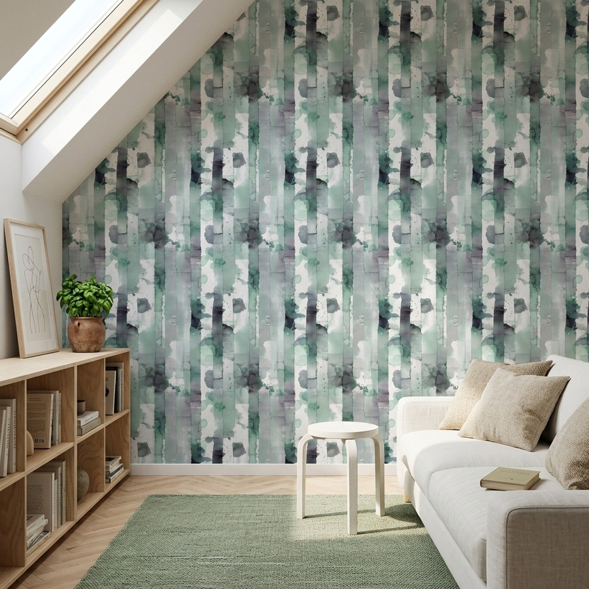 Watercolor Abstract Wallpaper Green Vertical Stripes Wall Mural