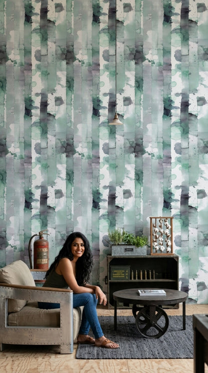 Watercolor Abstract Wallpaper Green Vertical Stripes Wall Mural