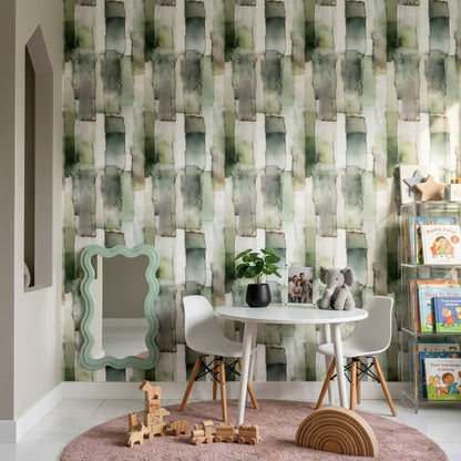 Abstract Watercolor Wallpaper Sage Green Removable Layered Rectangles Wall Double Roll