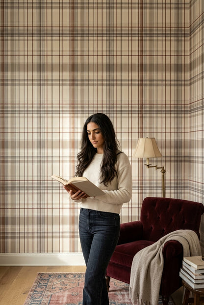 Plaid Wallpaper Tartan Beige Background Decorative Mural