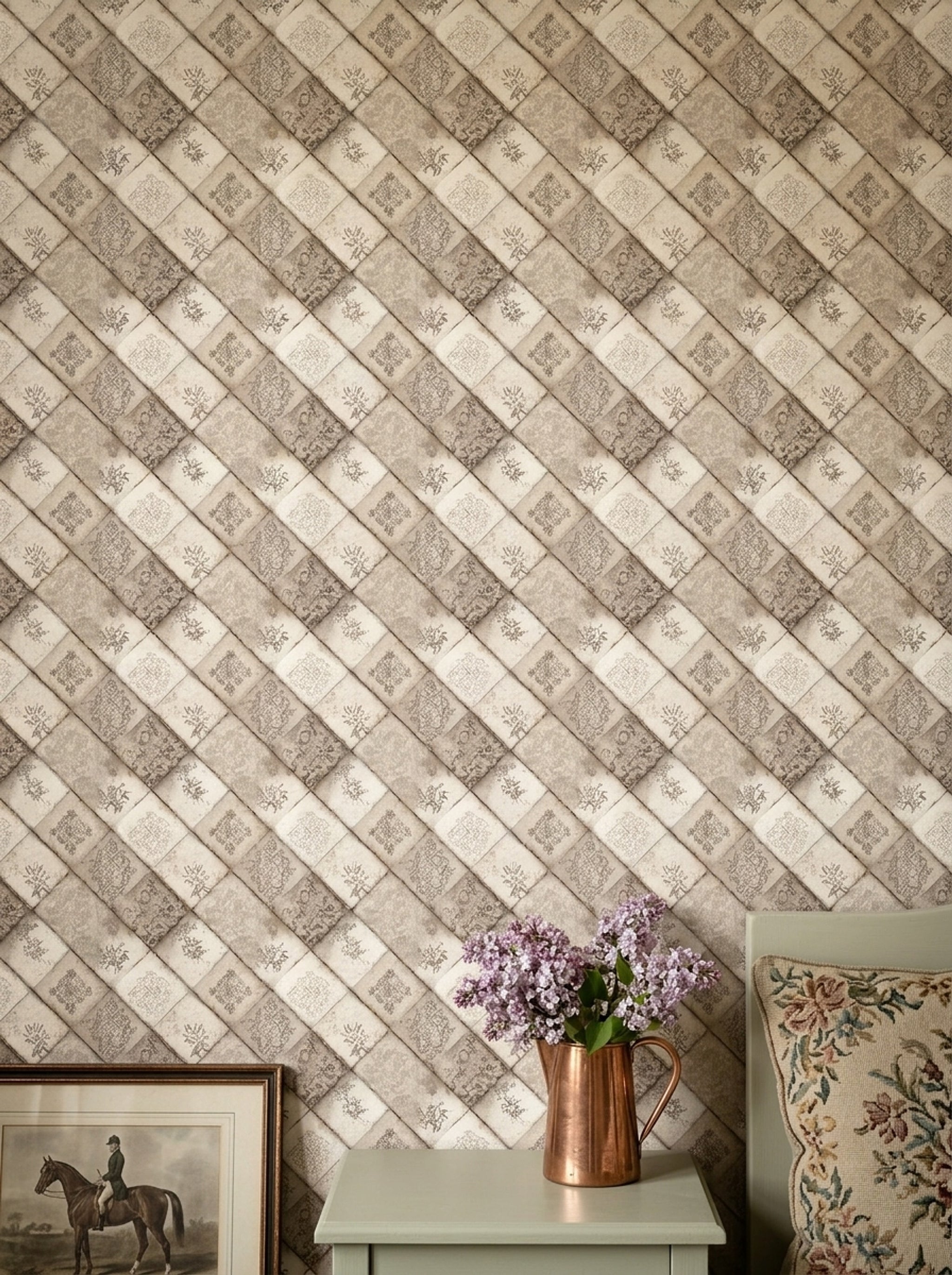 Vintage Tile Wallpaper Diagonal Checker Removable Distressed Wall Double Roll