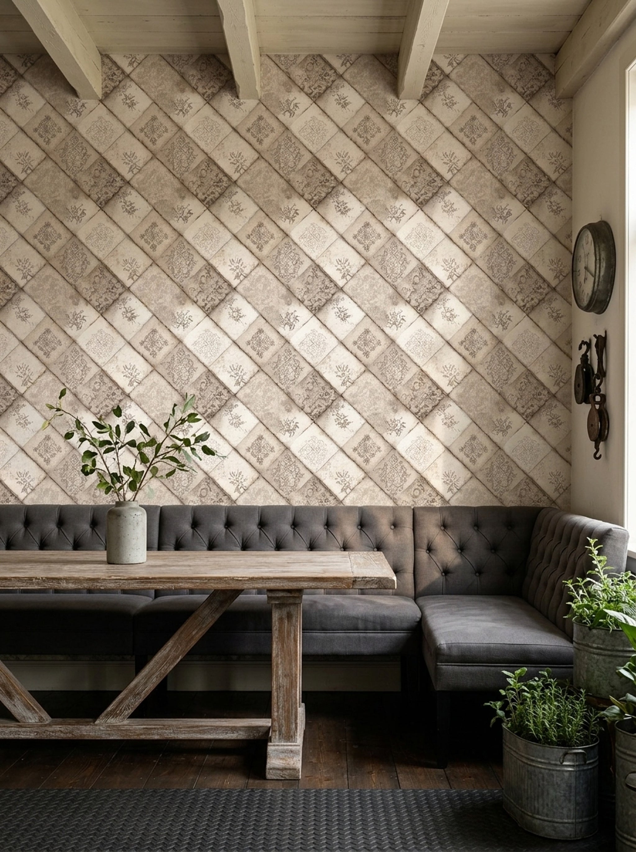 Vintage Tile Wallpaper Diagonal Checker Removable Distressed Wall Double Roll