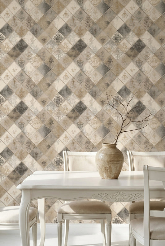 Vintage Damask Wallpaper Diagonal Diamond Tiles Distressed Texture Decorative Mural