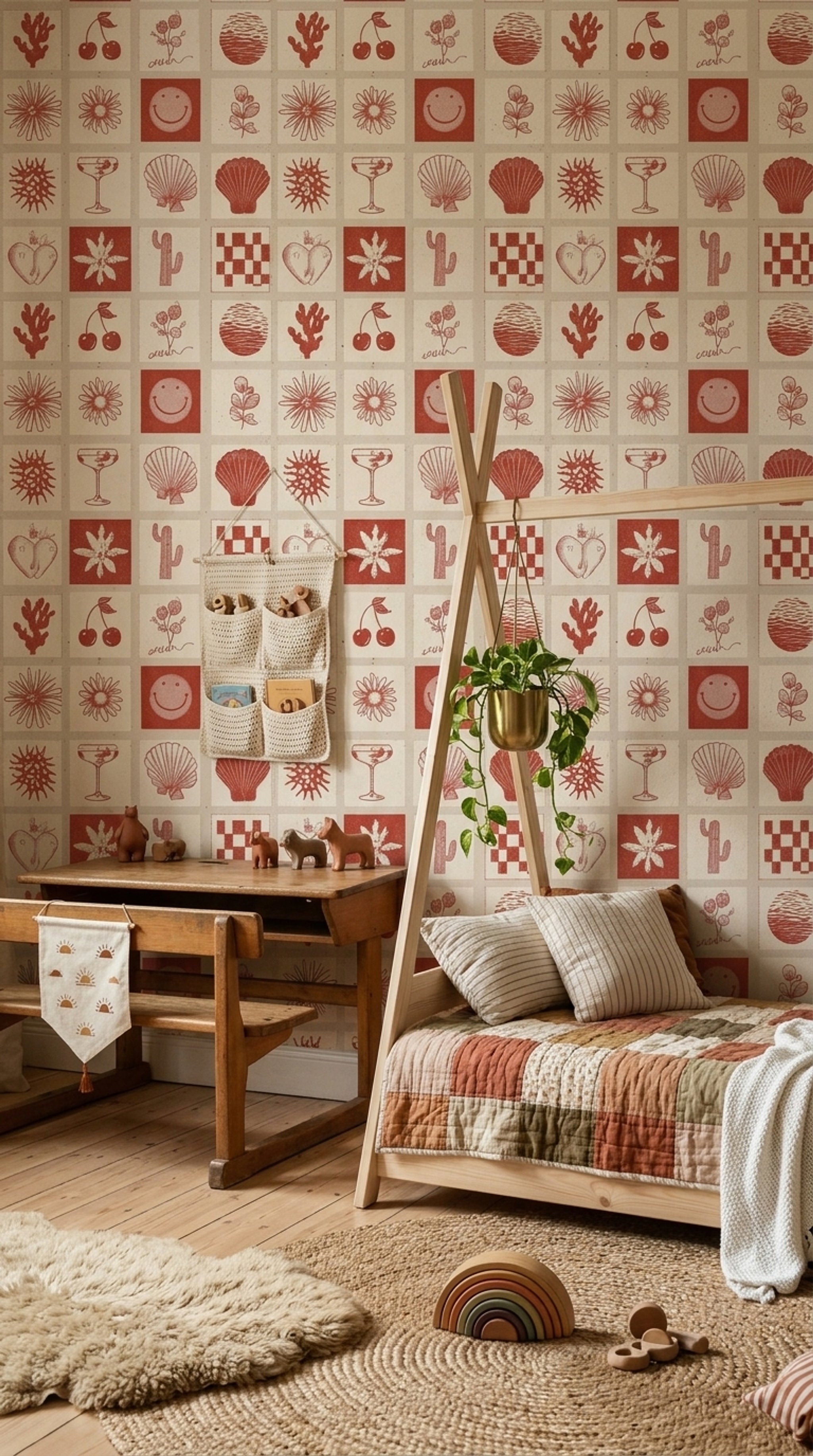 Tile Grid Wallpaper Screenprint Botanical Icons Removable Wall Decor