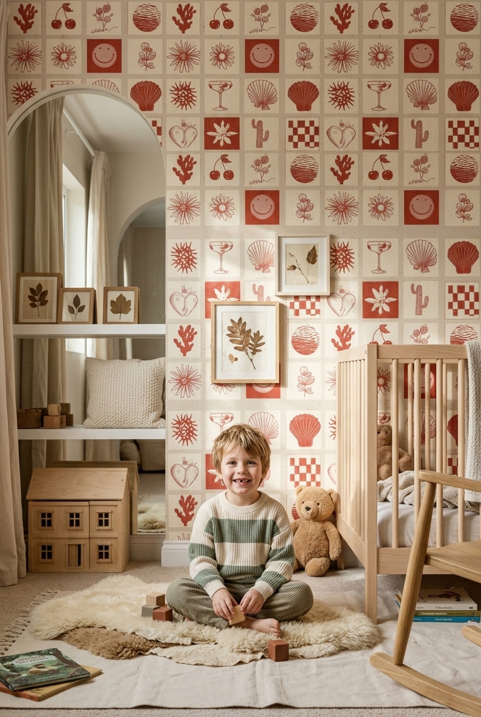 Tile Grid Wallpaper Screenprint Botanical Icons Removable Wall Decor