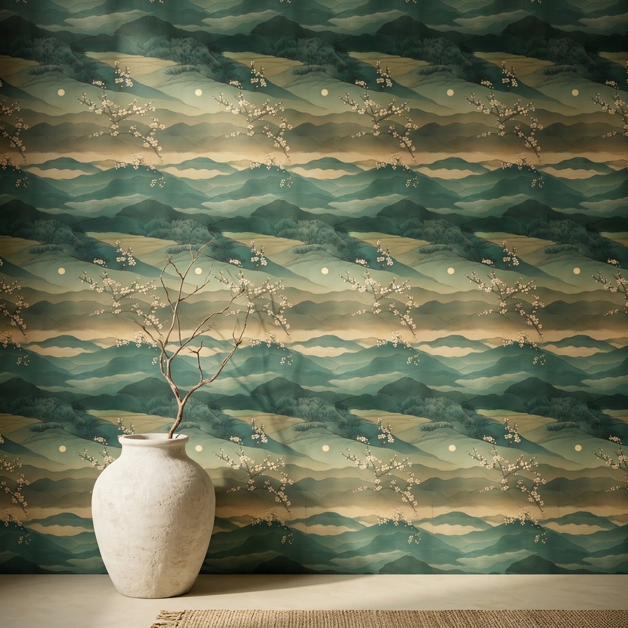 Layered Mountains Wallpaper Misty Landscape Teal Green Decorative Mural