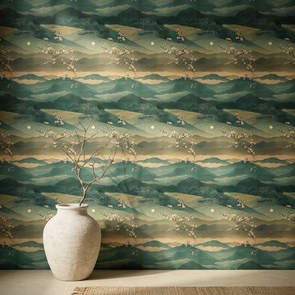 Layered Mountains Wallpaper Misty Landscape Teal Green Decorative Mural