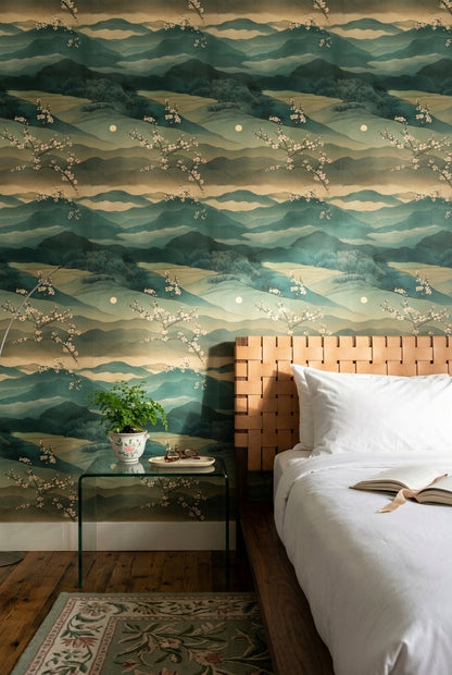 Layered Mountains Wallpaper Misty Landscape Teal Green Decorative Mural