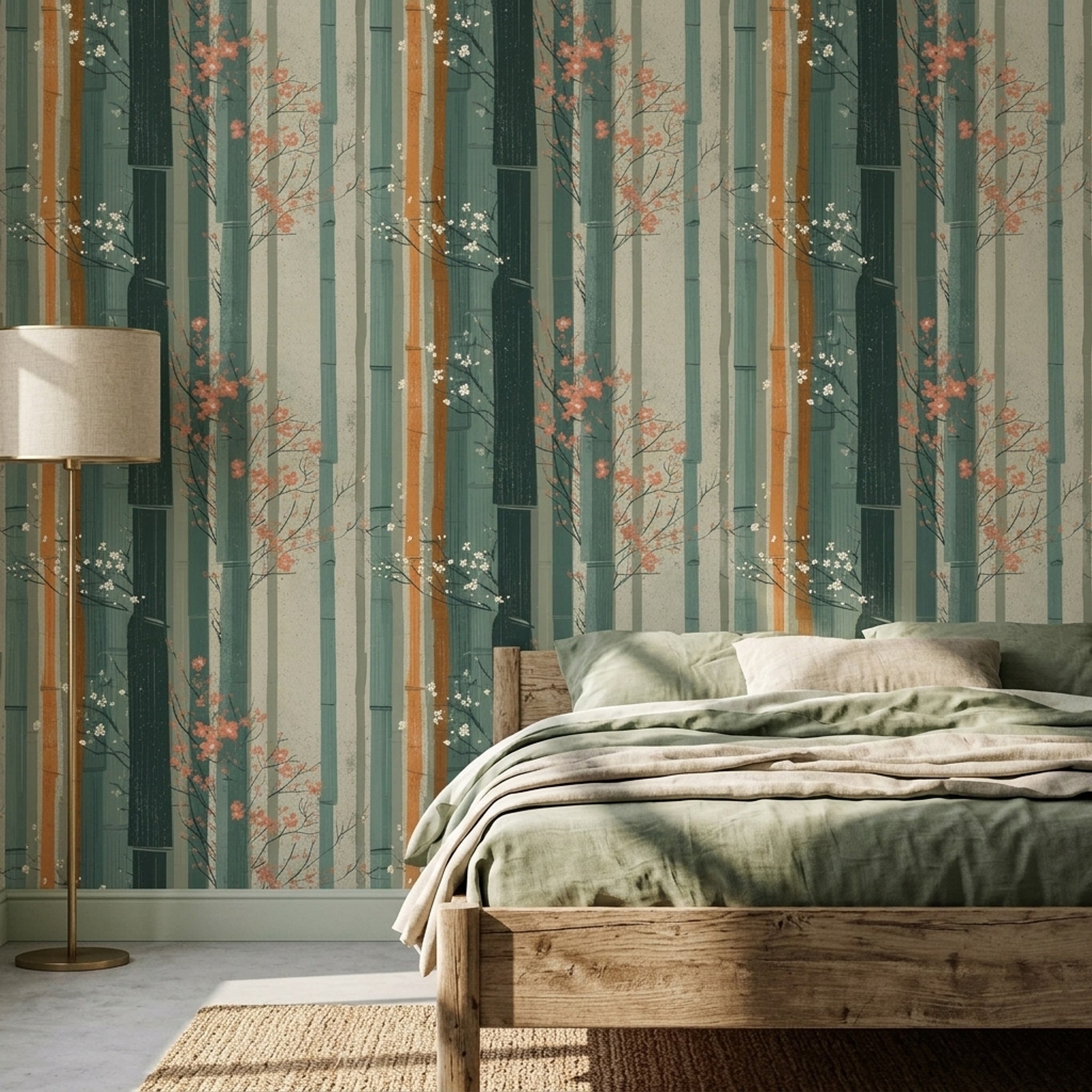 Bamboo Wallpaper Cherry Blossom Japanese Inspired Removable Wall Decor