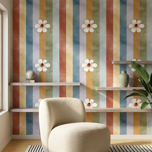 Pastel Vertical Stripes Wallpaper Vintage Texture White Flower Decorative Mural