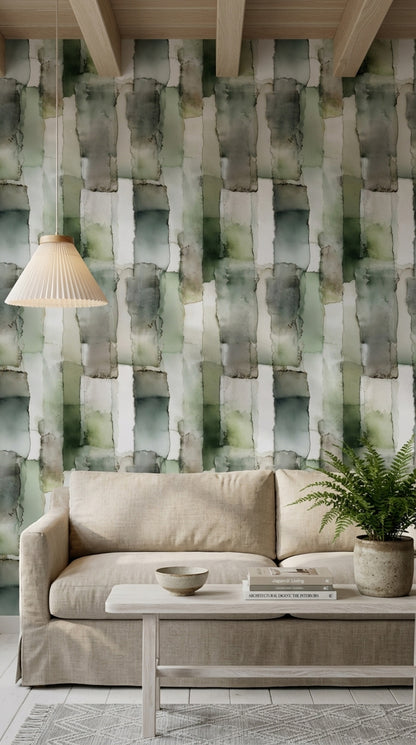 Abstract Watercolor Wallpaper Sage Green Removable Layered Rectangles Wall Double Roll