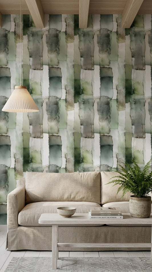 Abstract Watercolor Wallpaper Sage Green Removable Layered Rectangles Wall Double Roll