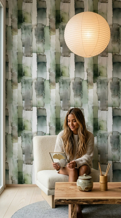 Abstract Watercolor Wallpaper Sage Green Removable Layered Rectangles Wall Double Roll