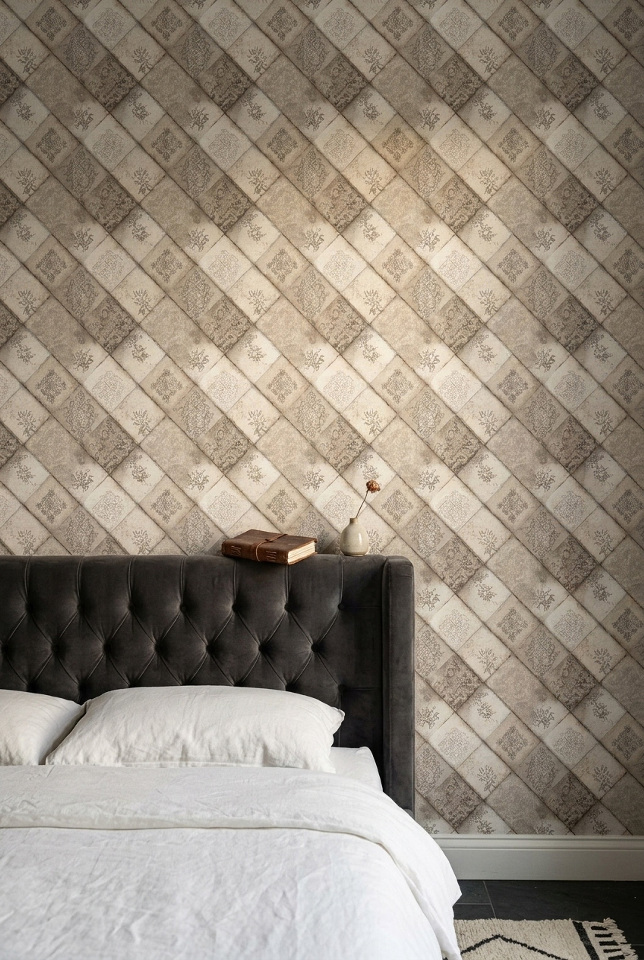 Vintage Tile Wallpaper Diagonal Checker Removable Distressed Wall Double Roll