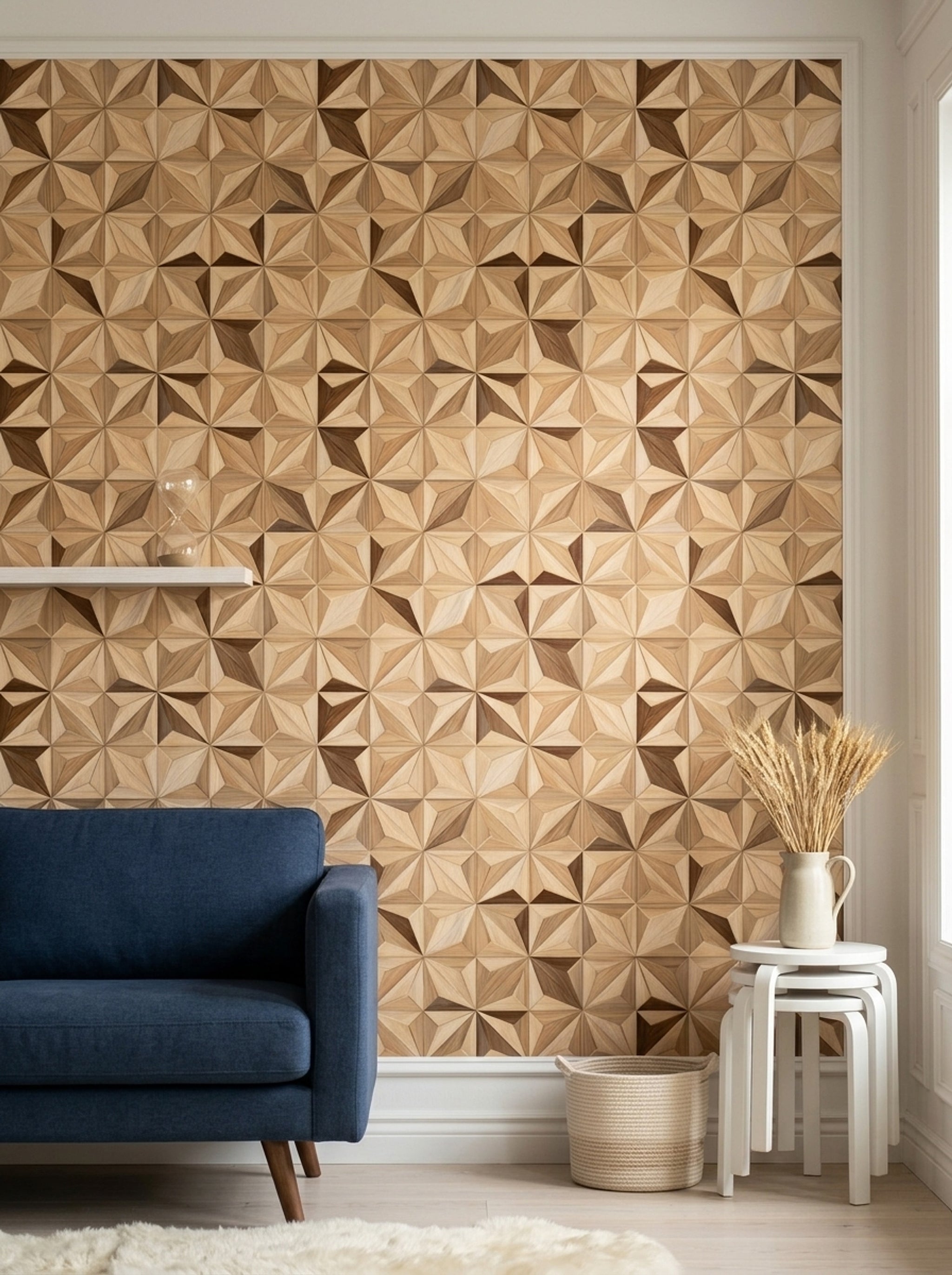 3D Faceted Wallpaper Wood Grain Starburst Decorative Mural
