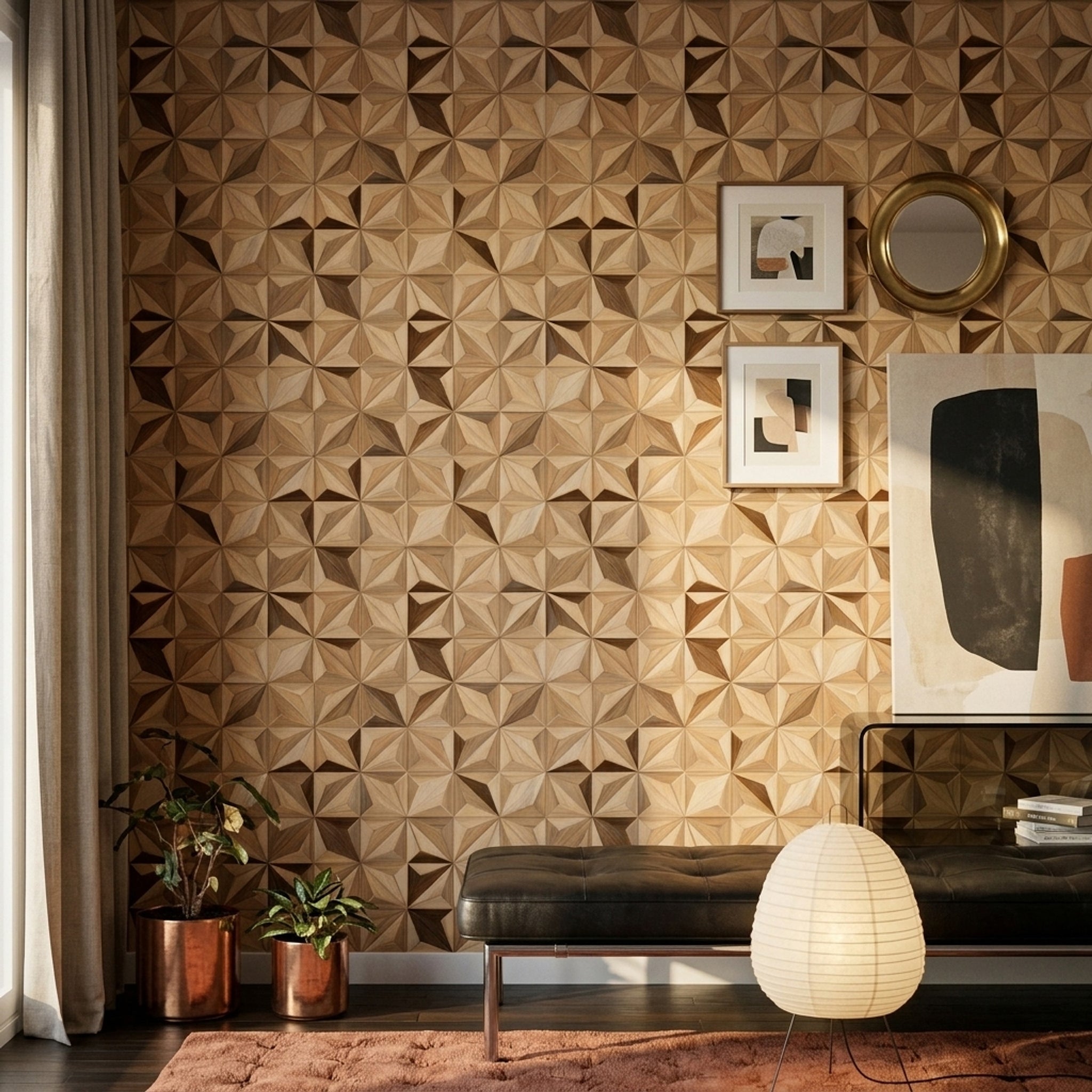 3D Faceted Wallpaper Wood Grain Starburst Decorative Mural