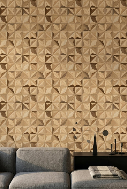 3D Faceted Wallpaper Wood Grain Starburst Decorative Mural