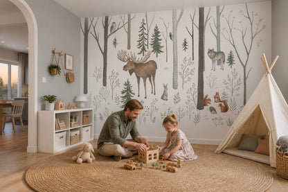 White Background Wallpaper Woodland Neutral Removable Wall Decor