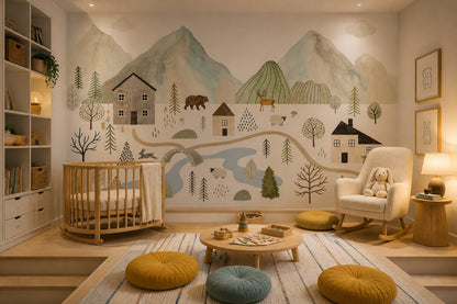 Watercolor Landscape Wallpaper Scandinavian Nursery Woodland Animals Wall Mural