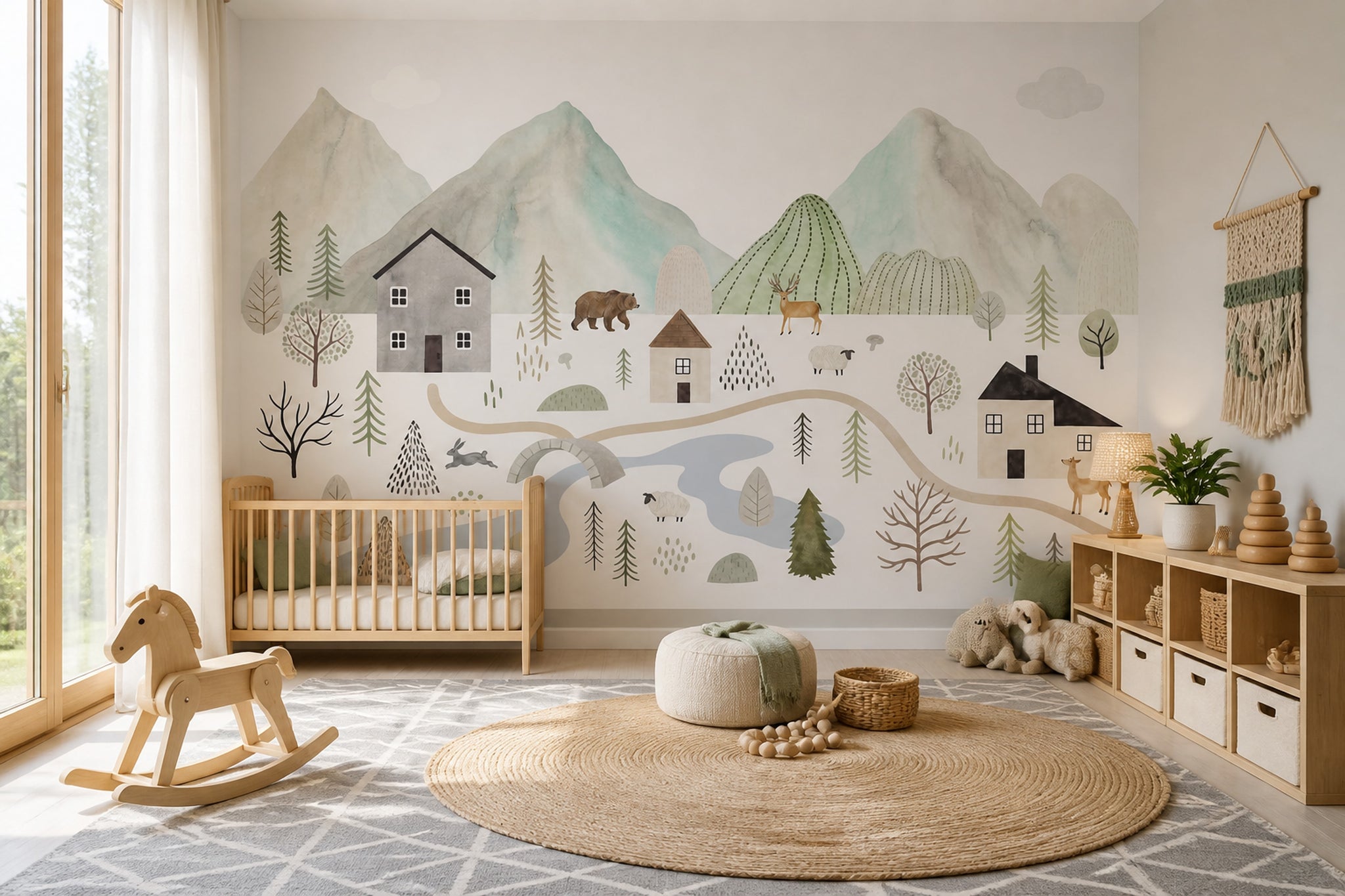 Watercolor Landscape Wallpaper Scandinavian Nursery Woodland Animals Wall Mural