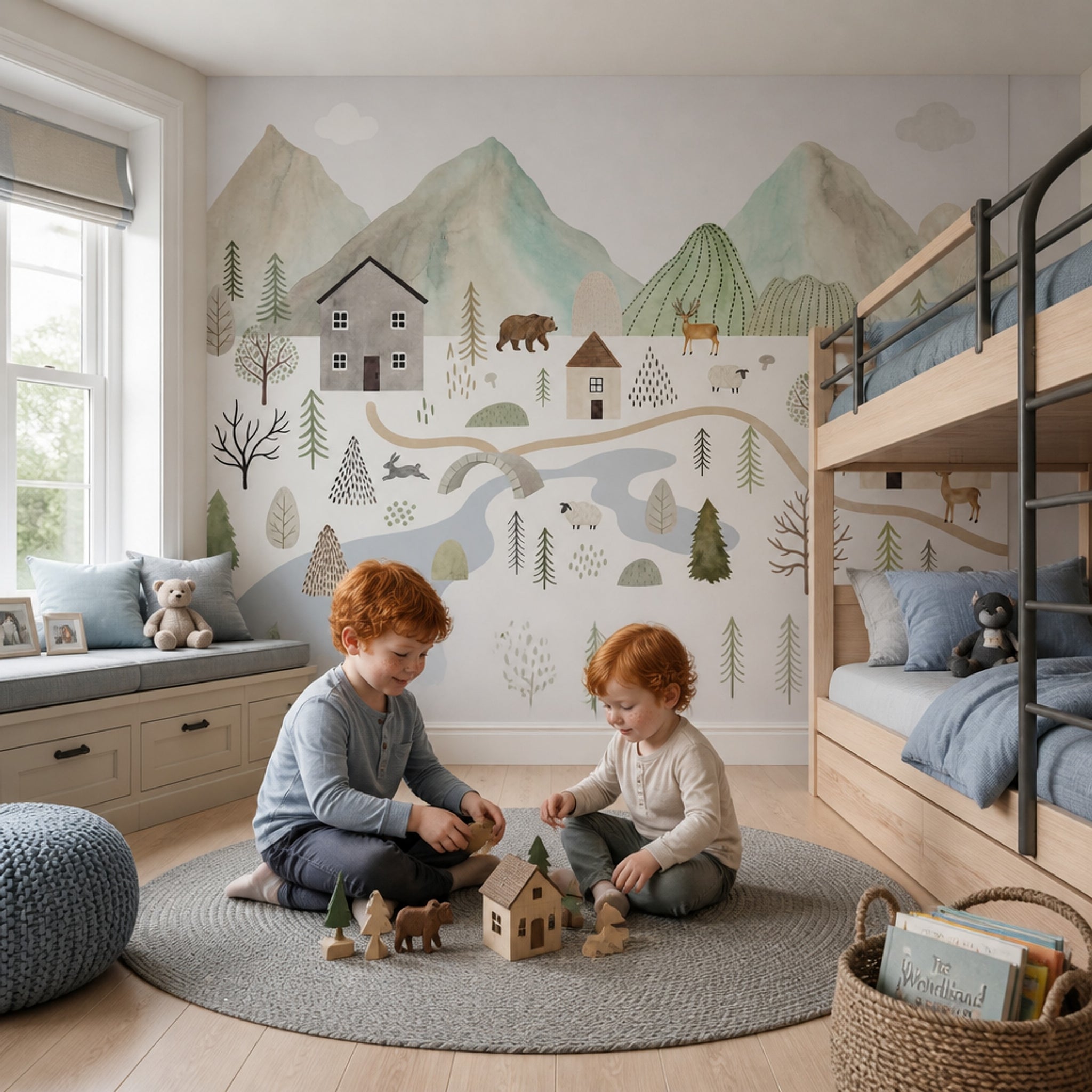 Watercolor Landscape Wallpaper Scandinavian Nursery Woodland Animals Wall Mural
