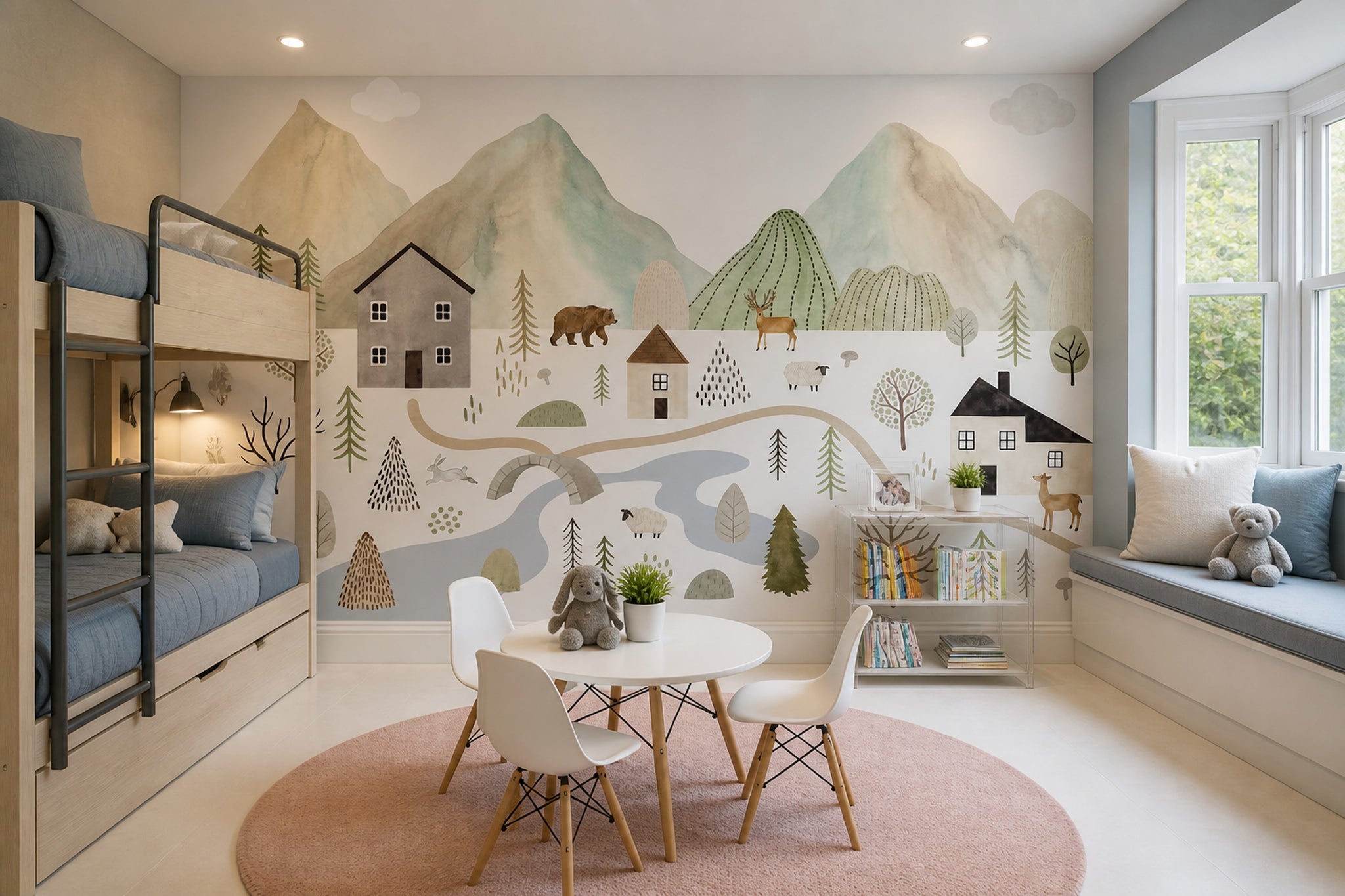 Watercolor Landscape Wallpaper Scandinavian Nursery Woodland Animals Wall Mural