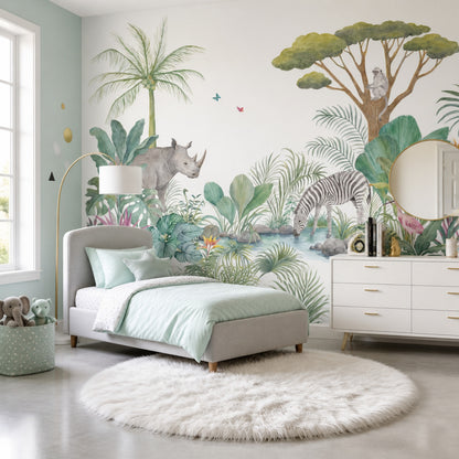 White Background Wallpaper Watercolor Removable Safari Wall Decor