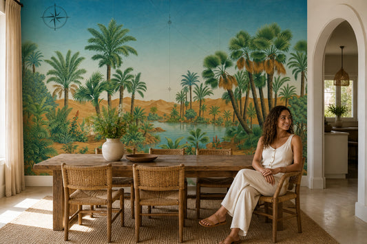 Desert Oasis Wallpaper Palm Trees Vintage Map Overlay Removable Wall Decor
