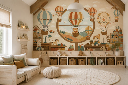 Hot Air Balloons Wallpaper Nursery Cute Animals Removable Wall Decor