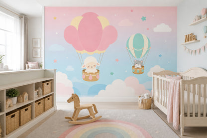 Hot Air Balloons Wallpaper Nursery Removable Cute Animals Wall Decor