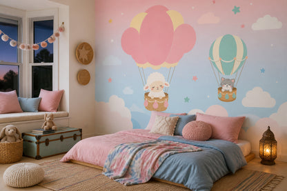 Hot Air Balloons Wallpaper Nursery Removable Cute Animals Wall Decor