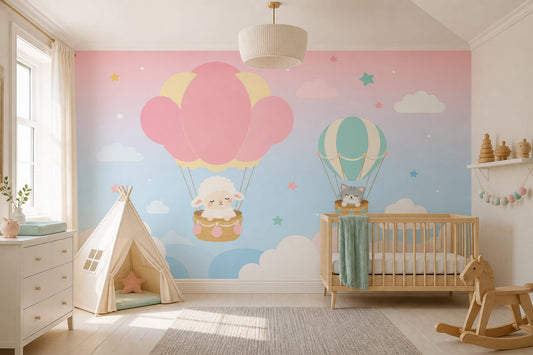 Hot Air Balloons Wallpaper Nursery Removable Cute Animals Wall Decor