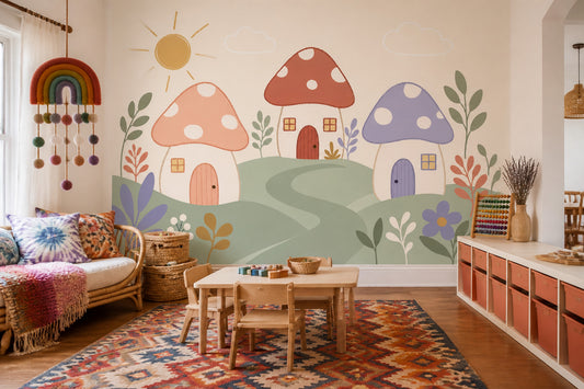 Mushroom Houses Wallpaper Whimsical Landscape Removable Storybook Cottage Wall Decor