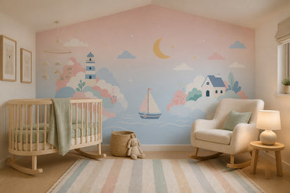 Pastel Coastal Landscape Wallpaper Lighthouse Nursery Wall Mural Removable Wall Decor