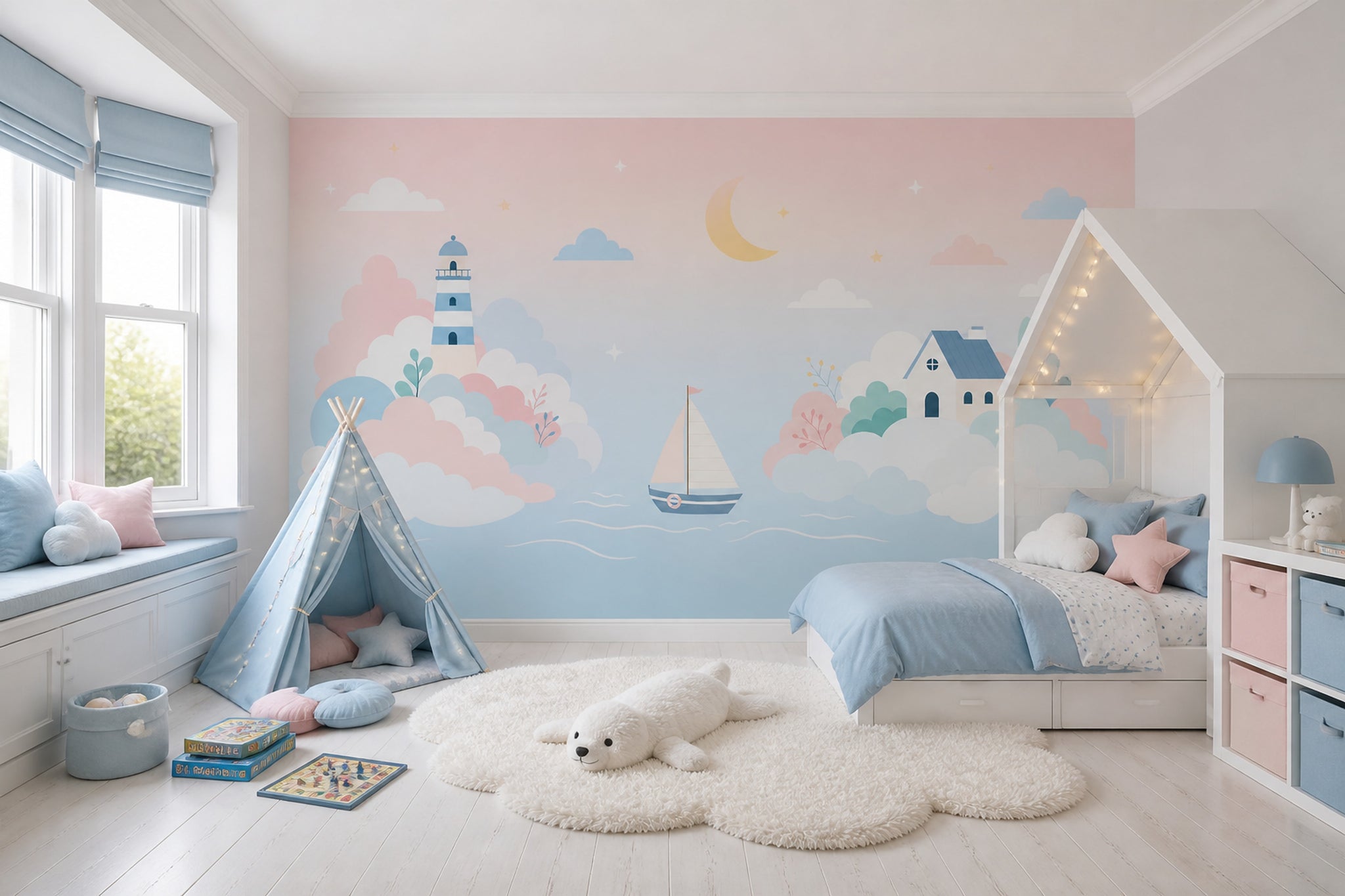 Pastel Coastal Landscape Wallpaper Lighthouse Nursery Wall Mural Removable Wall Decor