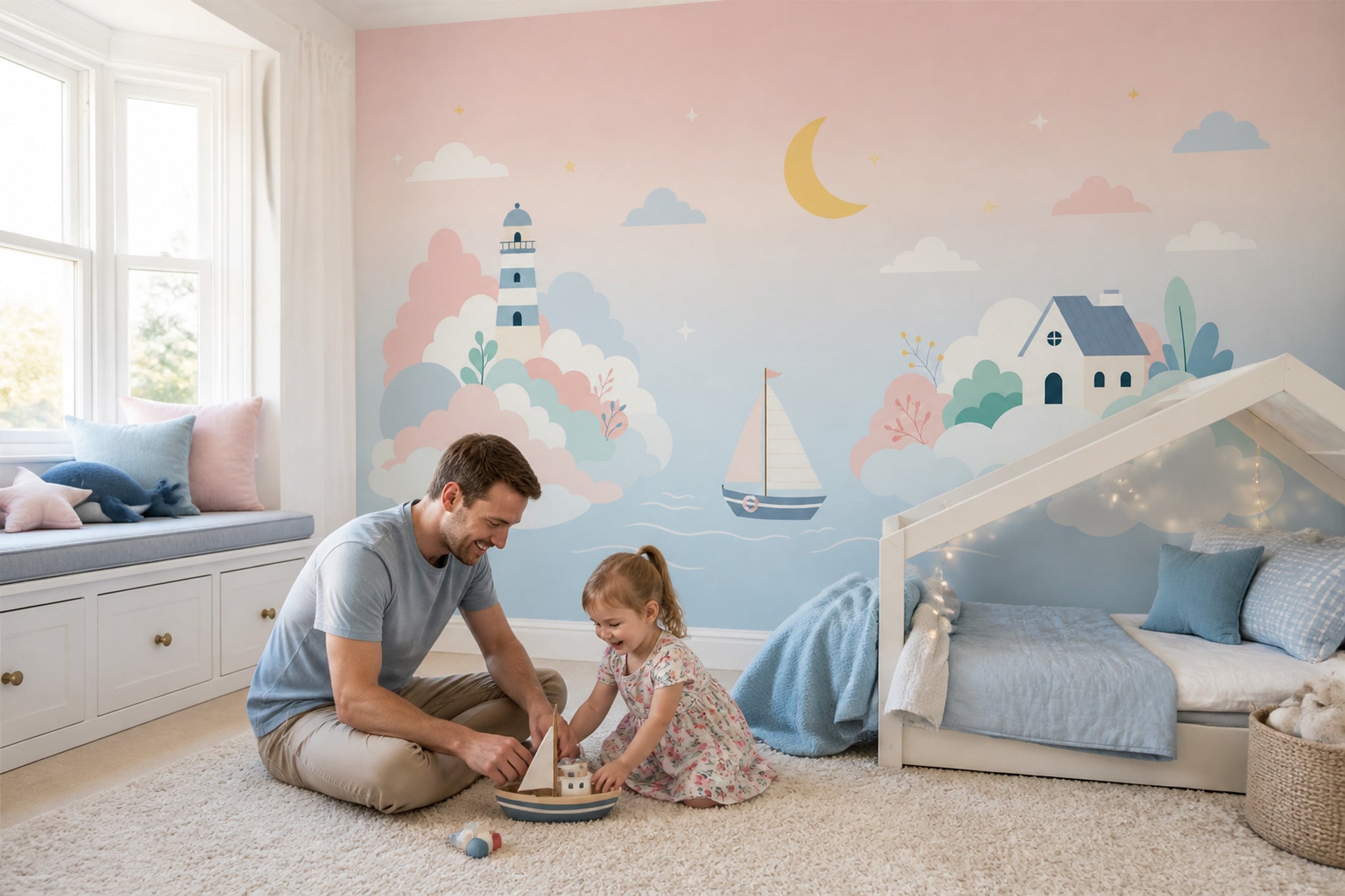 Pastel Coastal Landscape Wallpaper Lighthouse Nursery Wall Mural Removable Wall Decor