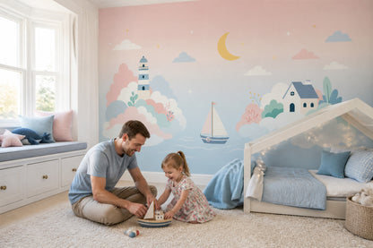 Pastel Coastal Landscape Wallpaper Lighthouse Nursery Wall Mural Removable Wall Decor